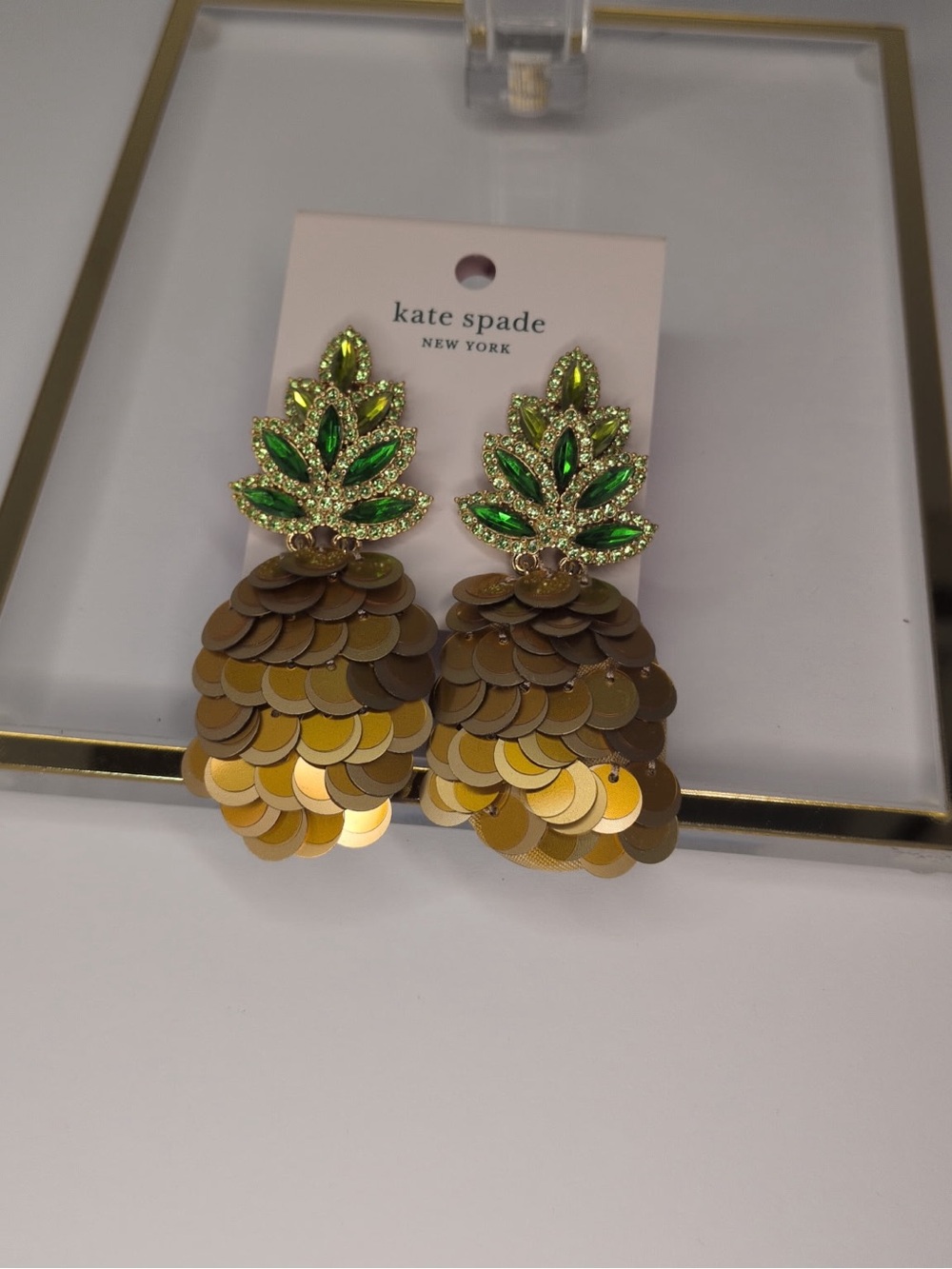 kate spade Pineapple Green and Gold Sequin Drop Earrings